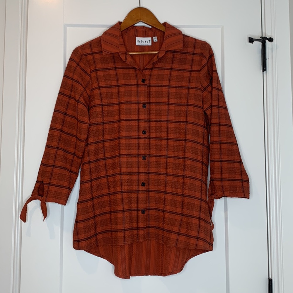 Habitat Orange & Black Plaid 3/4 Sleeve Button Down Shirt Blouse Retro Top